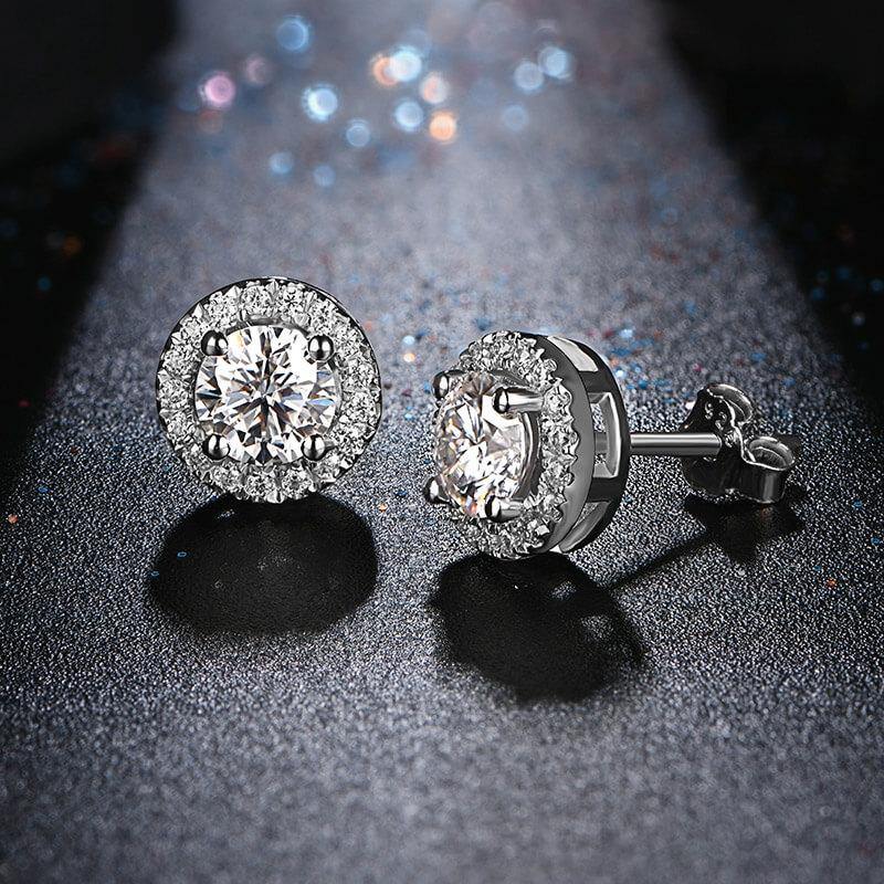 Fashion Halo Round Moissanite Sterling Silver Stud Earrings