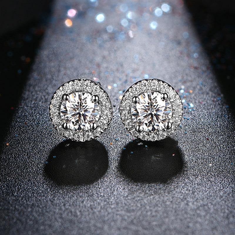 Fashion Halo Round Moissanite Sterling Silver Stud Earrings