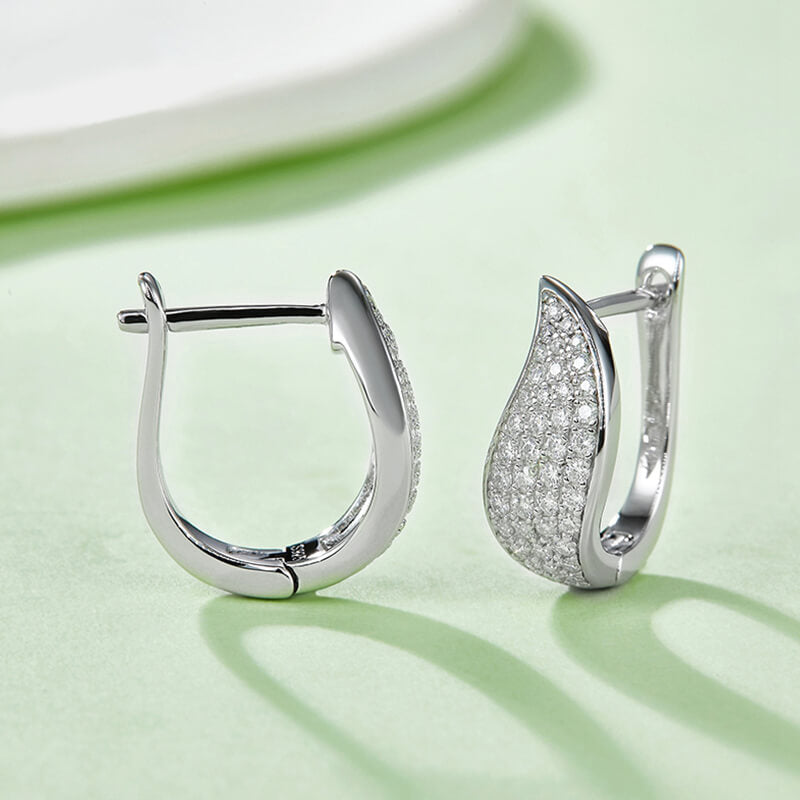 Moissanite Leaf Pave Hoop Earrings In Sterling Silver