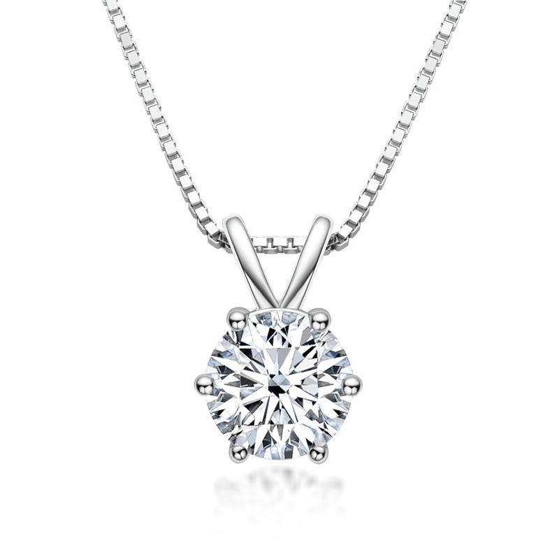 Classic Solitaire Round Moissanite Six Prong Sterling Silver Necklace Pendant