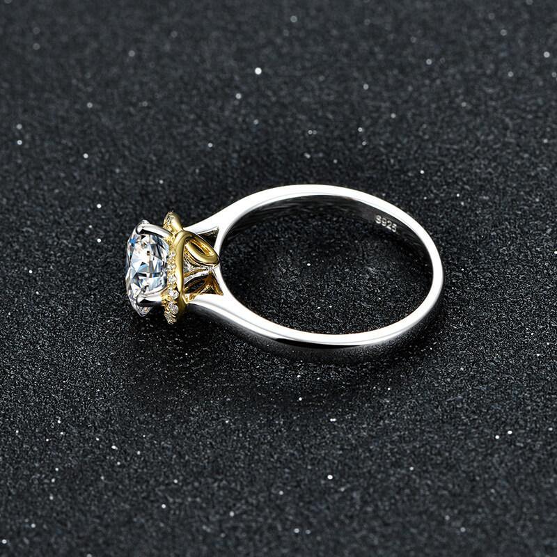 Moissanite Luxury Two Tone Halo Sterling Silver Ring