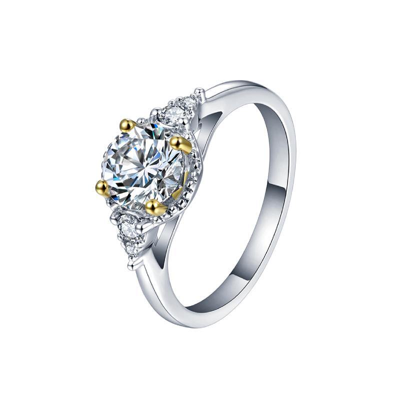 Three Stone Moissanite Two Tone Halo Sterling Silver Ring