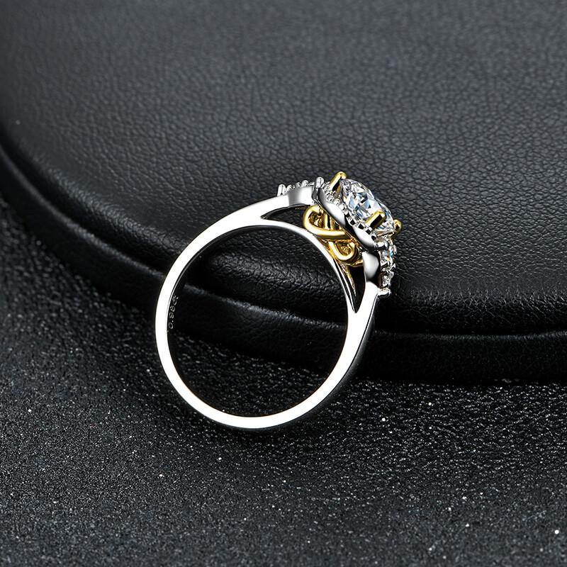 Three Stone Moissanite Two Tone Halo Sterling Silver Ring