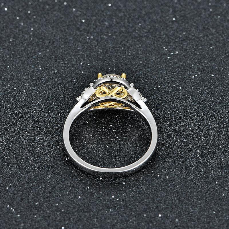 Three Stone Moissanite Two Tone Halo Sterling Silver Ring