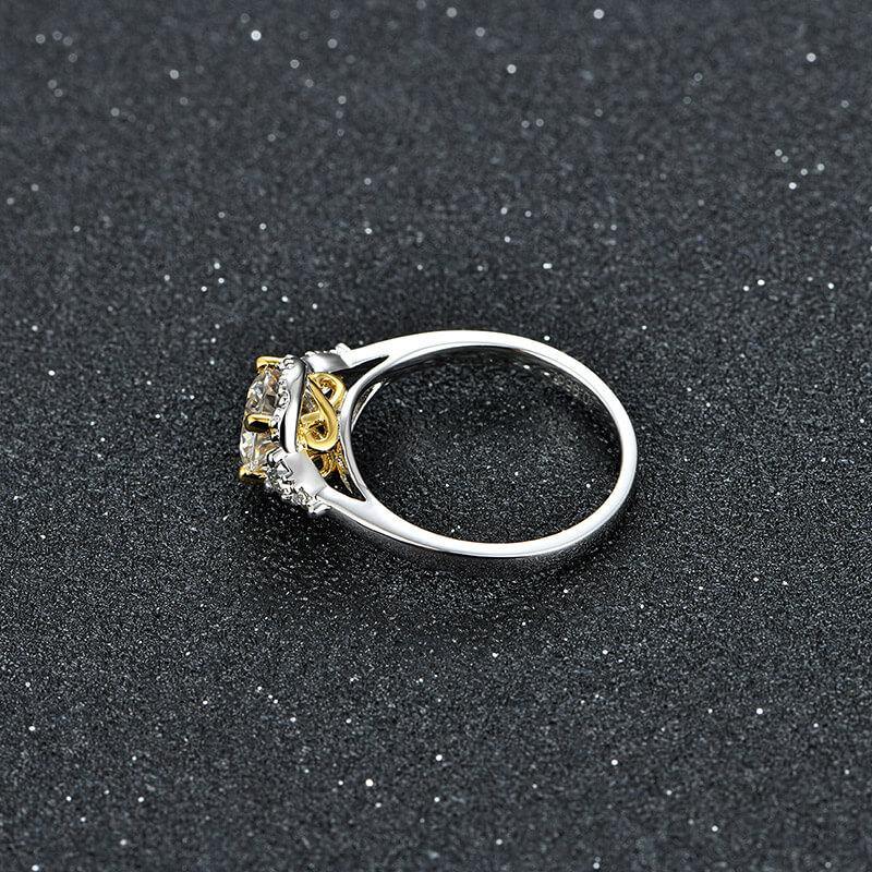 Three Stone Moissanite Two Tone Halo Sterling Silver Ring