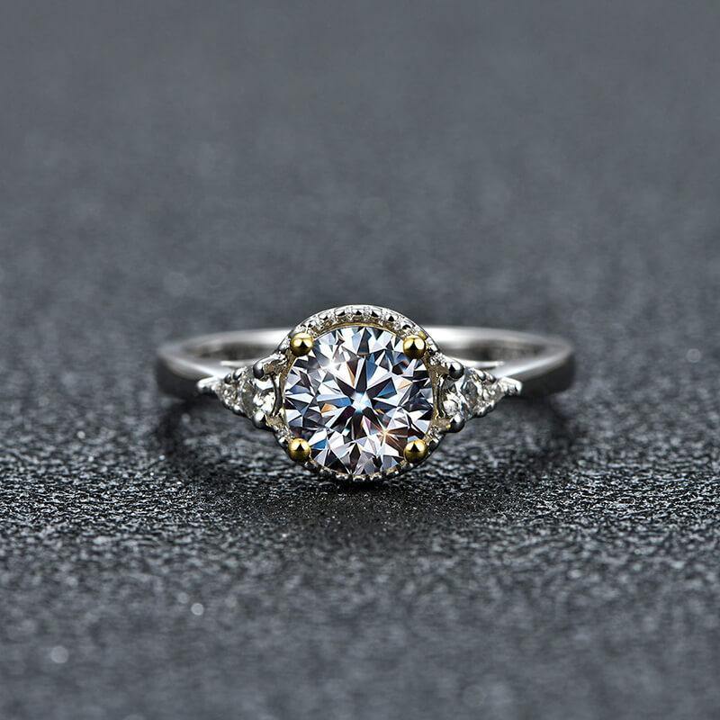 Three Stone Moissanite Two Tone Halo Sterling Silver Ring