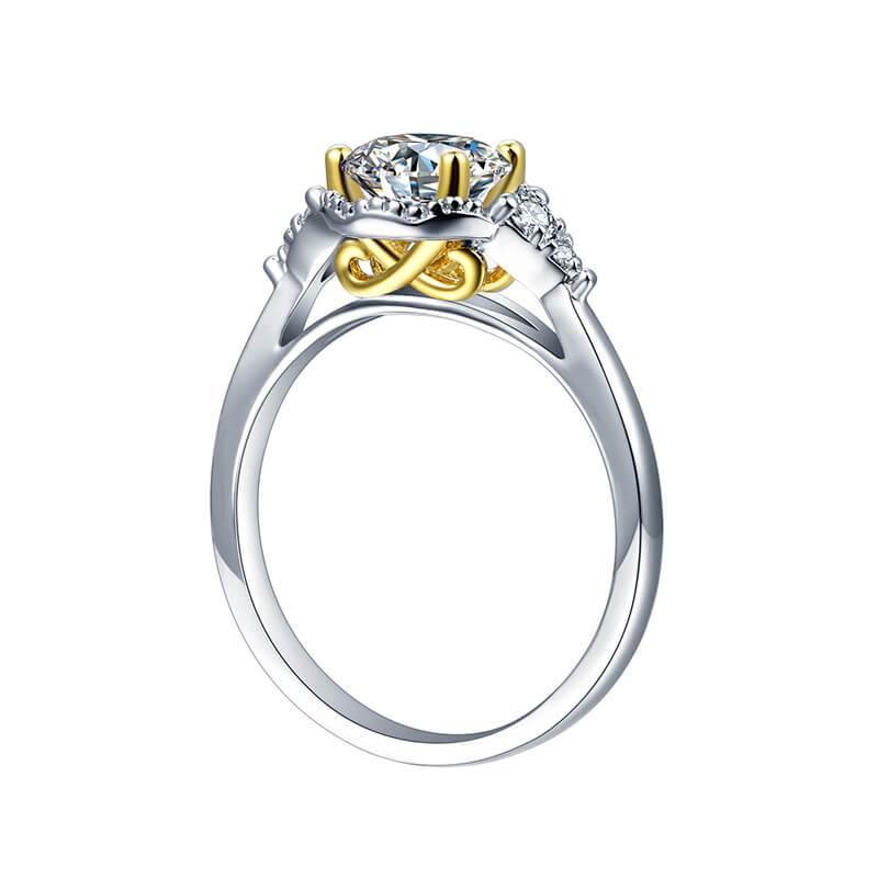 Three Stone Moissanite Two Tone Halo Sterling Silver Ring