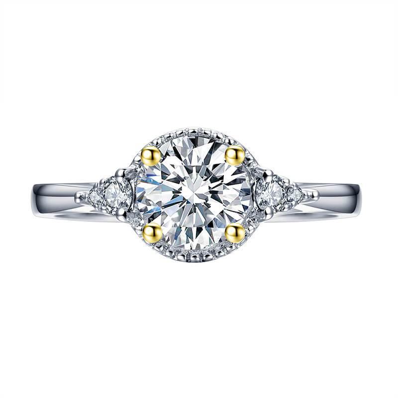 Three Stone Moissanite Two Tone Halo Sterling Silver Ring