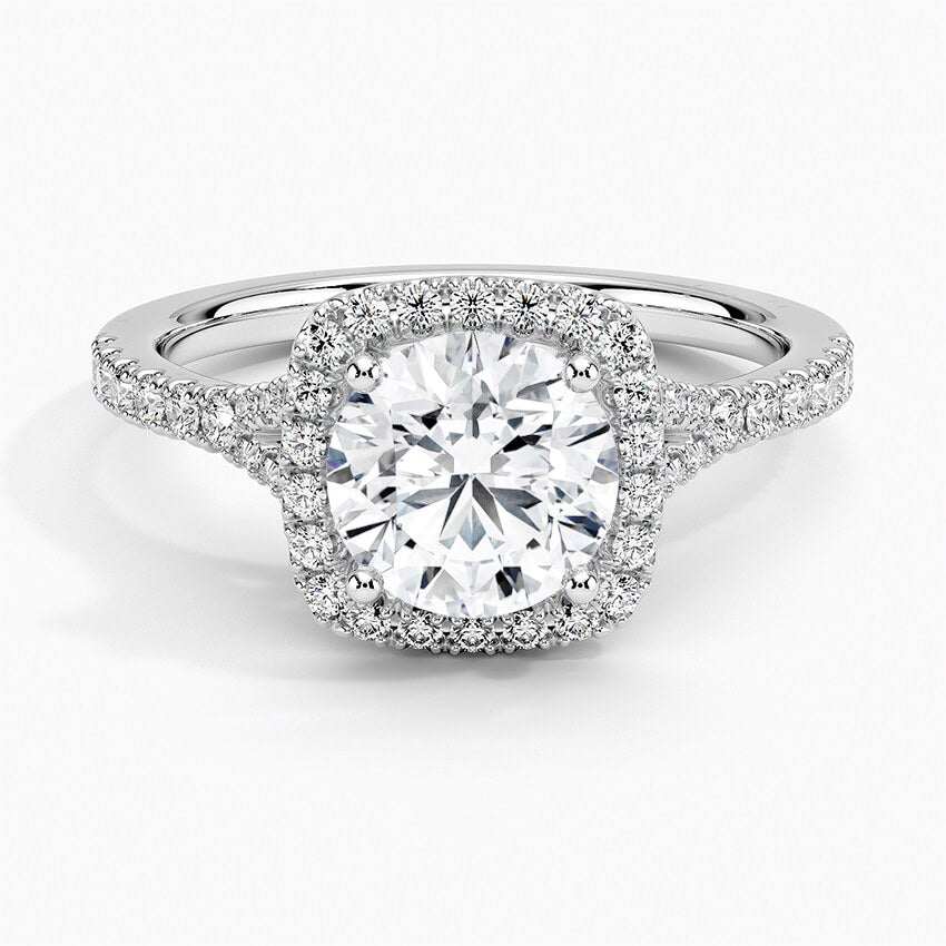 Moissanite Split Shank Square Halo Pave Engagement Ring