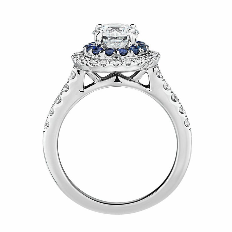 Moissanite and Sapphire Double Halo Pave Engagement Ring