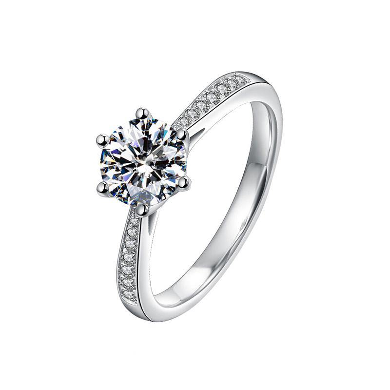 Round Moissanite Six Prong Side Stones Promise Engagement Ring