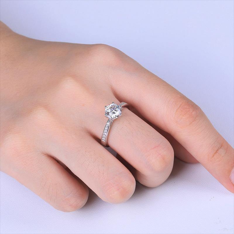 Round Moissanite Six Prong Side Stones Promise Engagement Ring