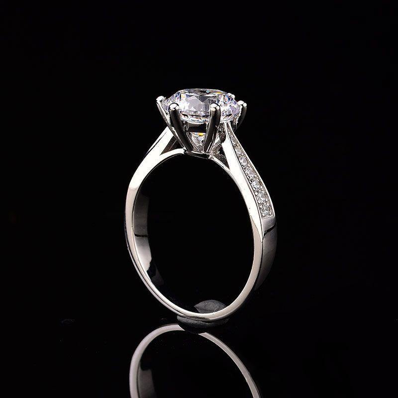 Round Moissanite Six Prong Side Stones Promise Engagement Ring