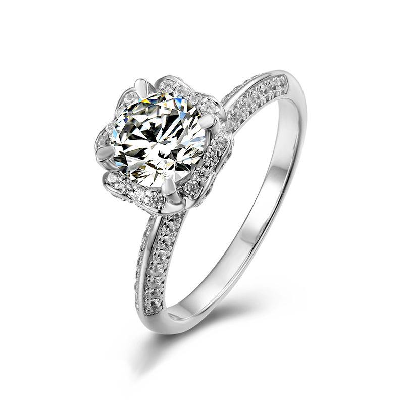 Halo Moissanite Hand Flower Four Prong Pave Engagement Ring