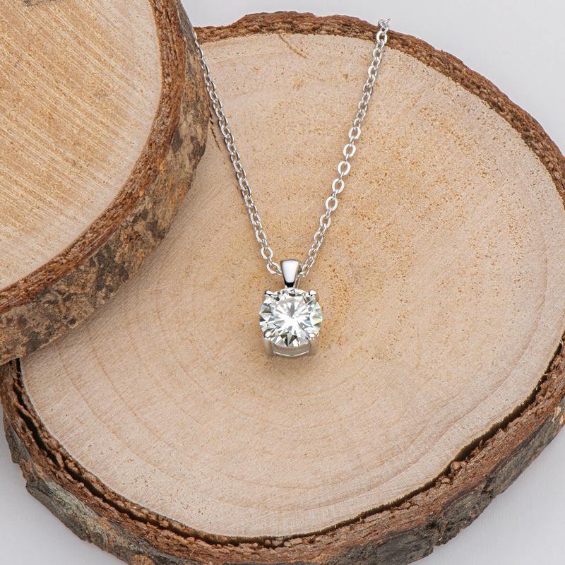 Classic Solitaire Round Moissanite Four Prong Sterling Silver Necklace Pendant