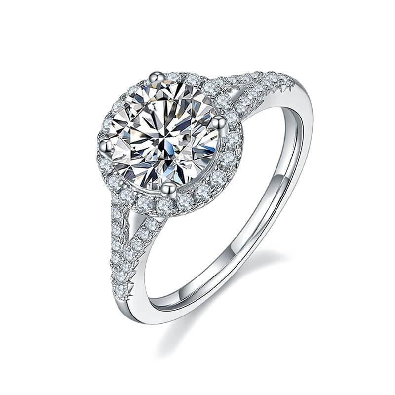 Round Moissanite Split Shank Halo Pave Engagement Ring