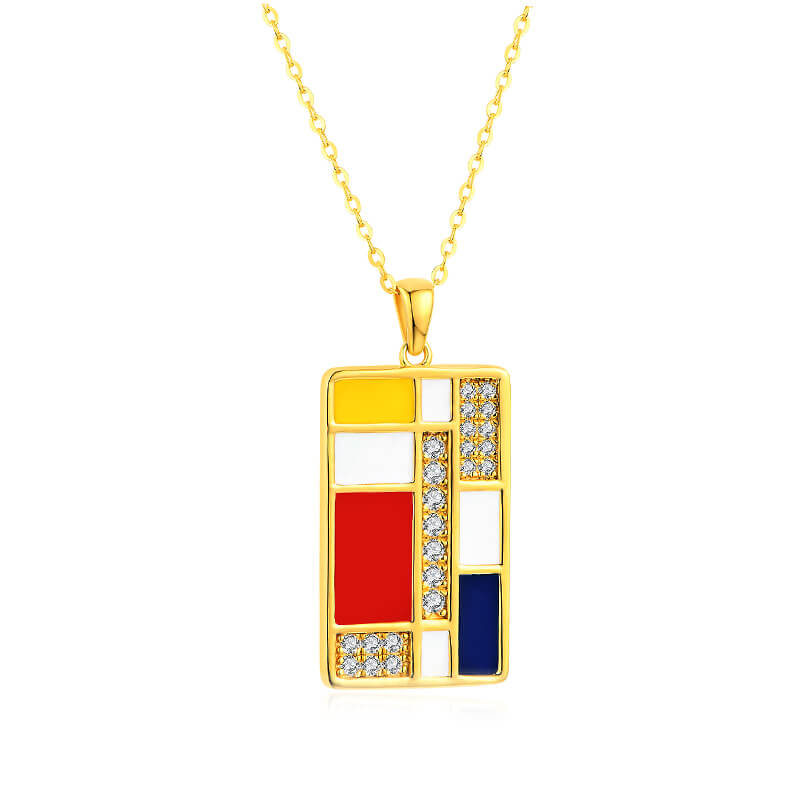 Mondrian "Famous Paintings" Inspired Moissanite Enamel Drop Necklace In Sterling Silver