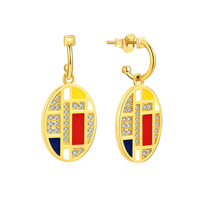 Mondrian "Famous Paintings" Inspired Moissanite Enamel Drop Earrings In Sterling Silver