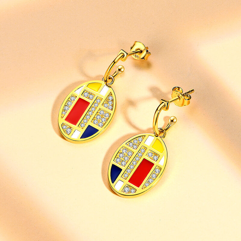 Mondrian "Famous Paintings" Inspired Moissanite Enamel Drop Earrings In Sterling Silver