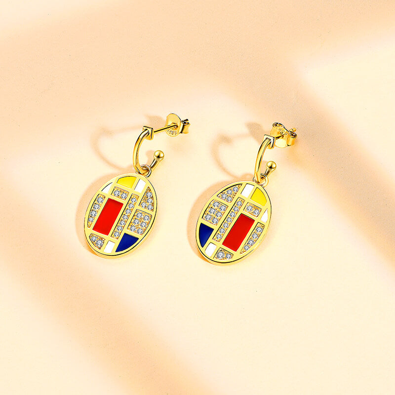 Mondrian "Famous Paintings" Inspired Moissanite Enamel Drop Earrings In Sterling Silver