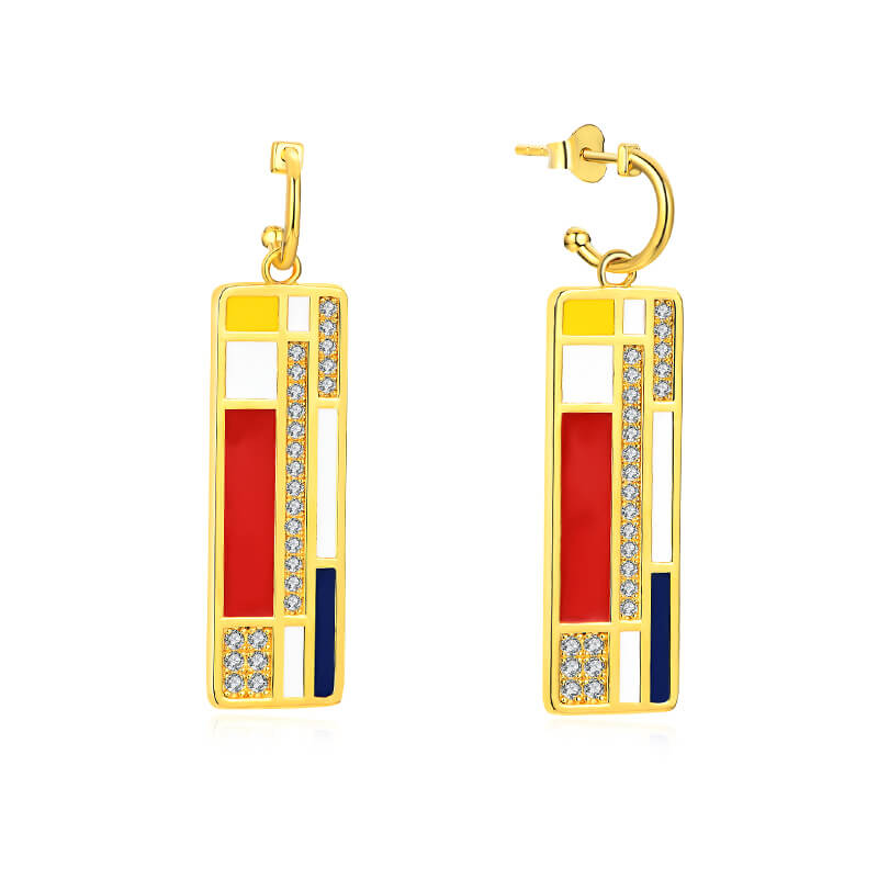 Mondrian "Famous Paintings" Inspired Moissanite Enamel Drop Earrings In Sterling Silver