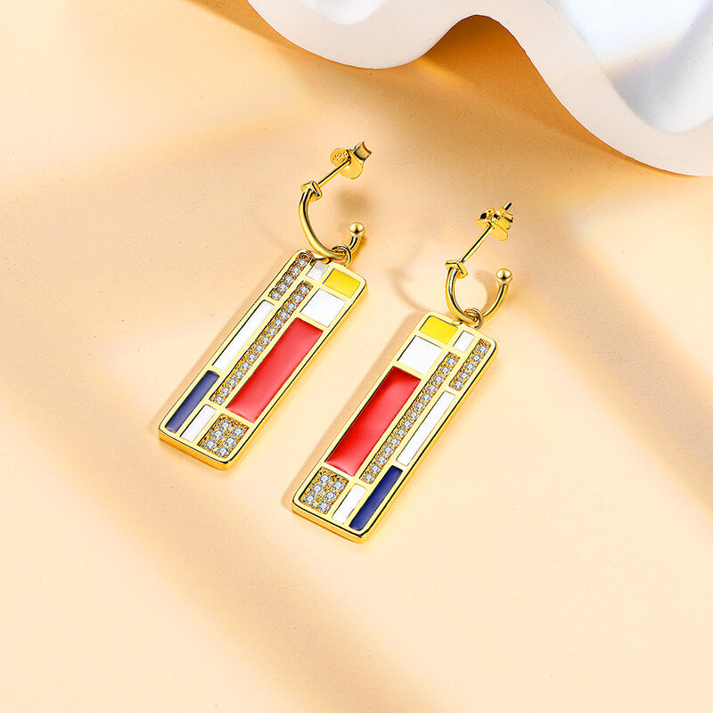 Mondrian "Famous Paintings" Inspired Moissanite Enamel Drop Earrings In Sterling Silver