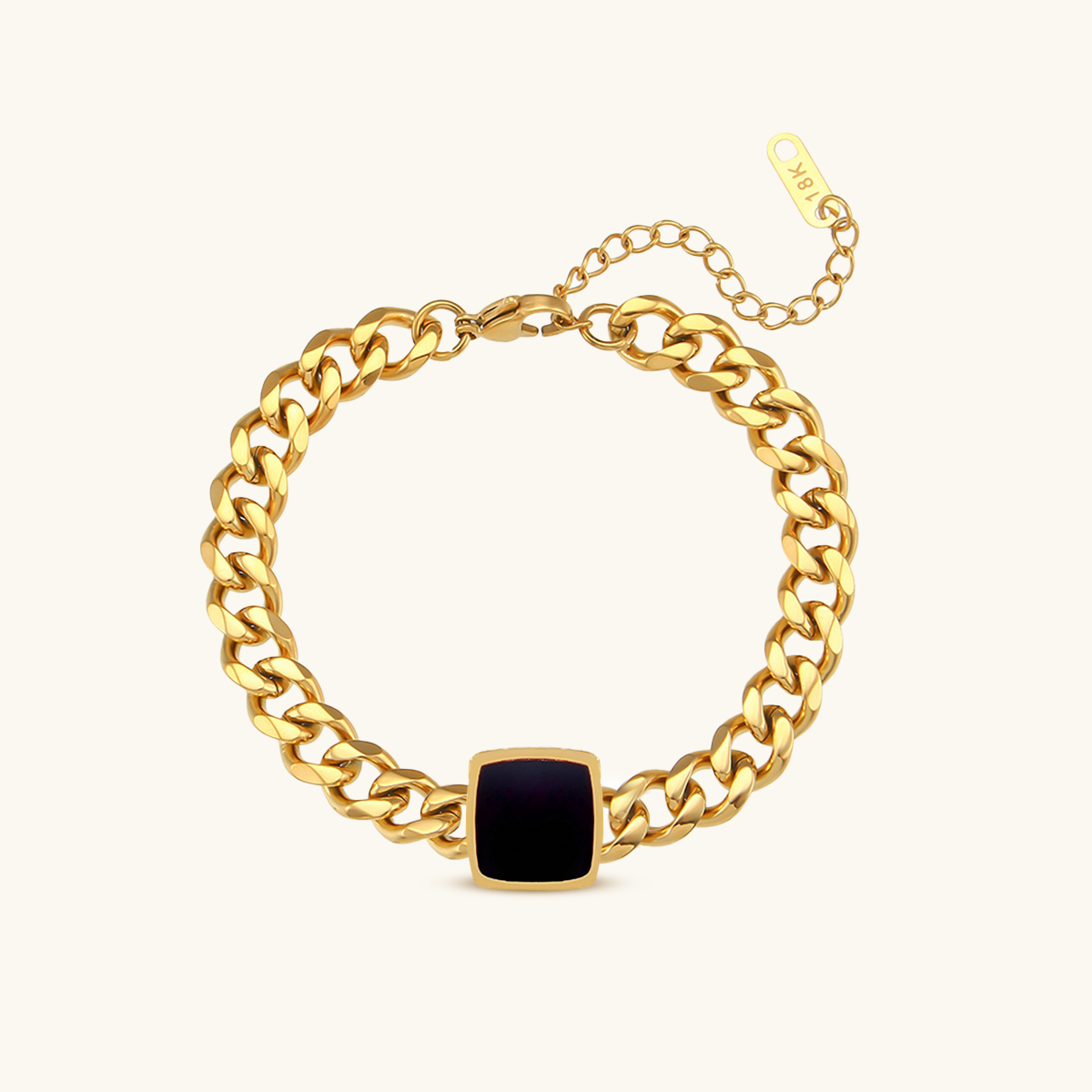 Onyx Square Pendant Cuban Bracelet - Gold