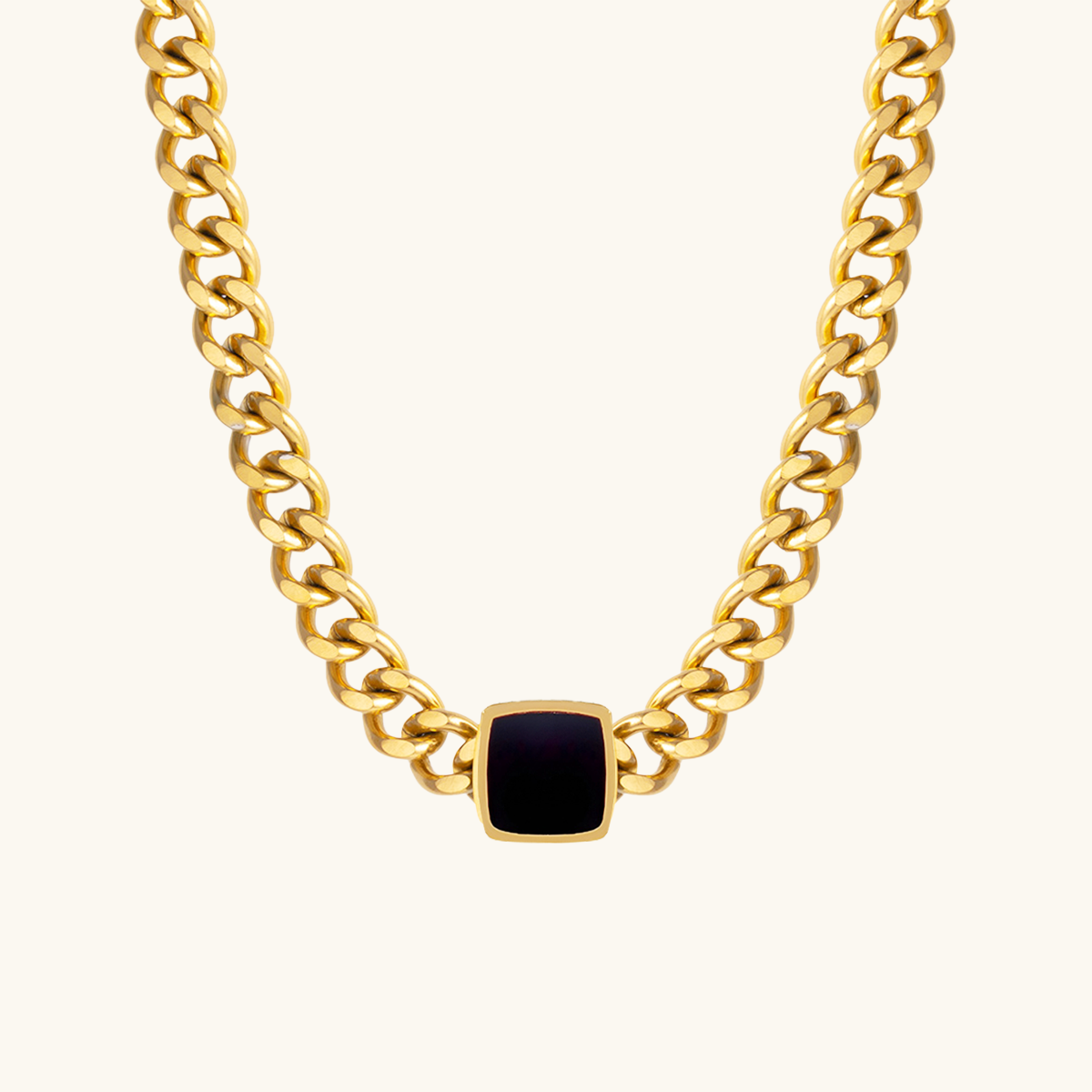 Onyx Square Pendant Cuban Chain - Gold