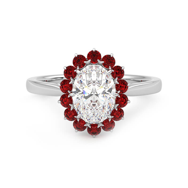 Oval Moissanite With Floral Ruby Halo Engagement Ring