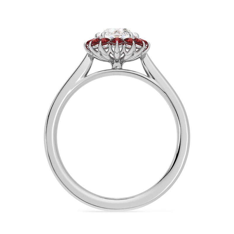 Oval Moissanite With Floral Ruby Halo Engagement Ring