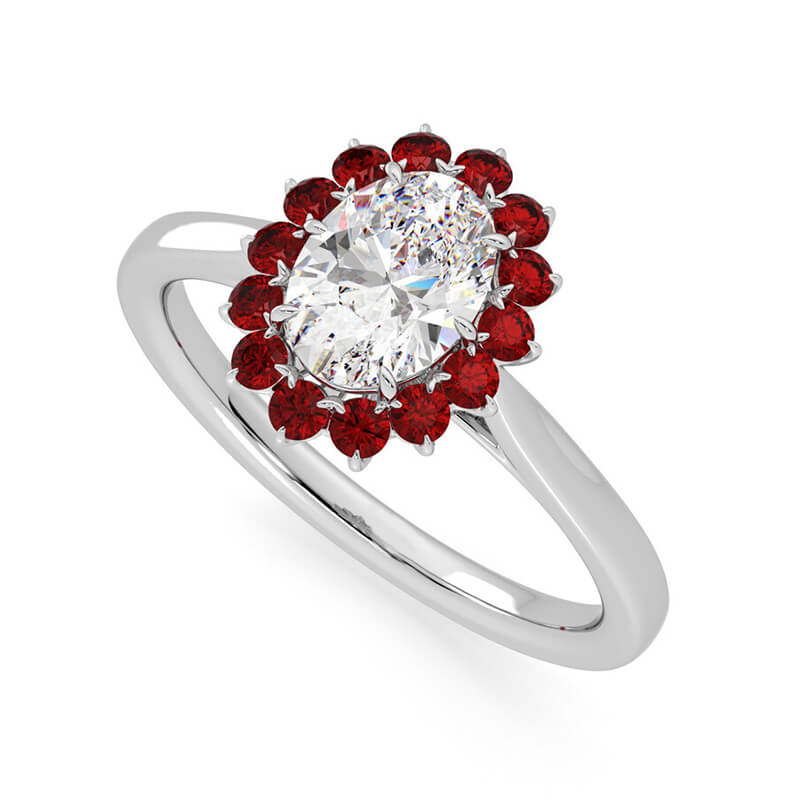 Oval Moissanite With Floral Ruby Halo Engagement Ring