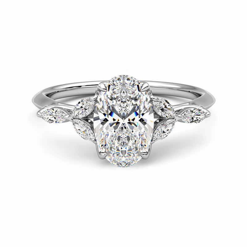 Oval Moissanite With Marquise Petals Accents Engagement Ring