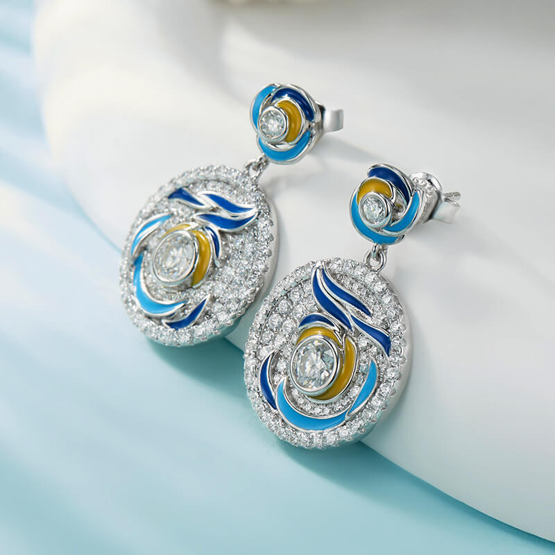 Paintings "The Starry Night" Inspired Moissanite Enamel Drop Earrings