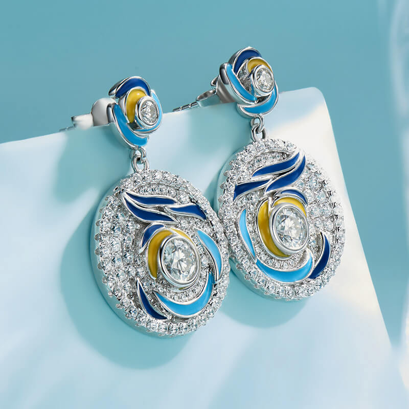 Paintings "The Starry Night" Inspired Moissanite Enamel Drop Earrings