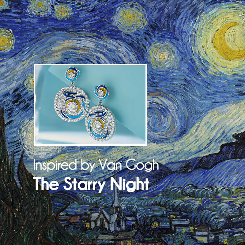 Paintings "The Starry Night" Inspired Moissanite Enamel Drop Earrings