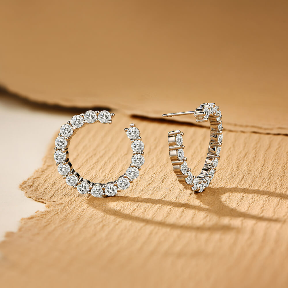 Pave Moissanite Open Hoop Earrings In Sterling Silver