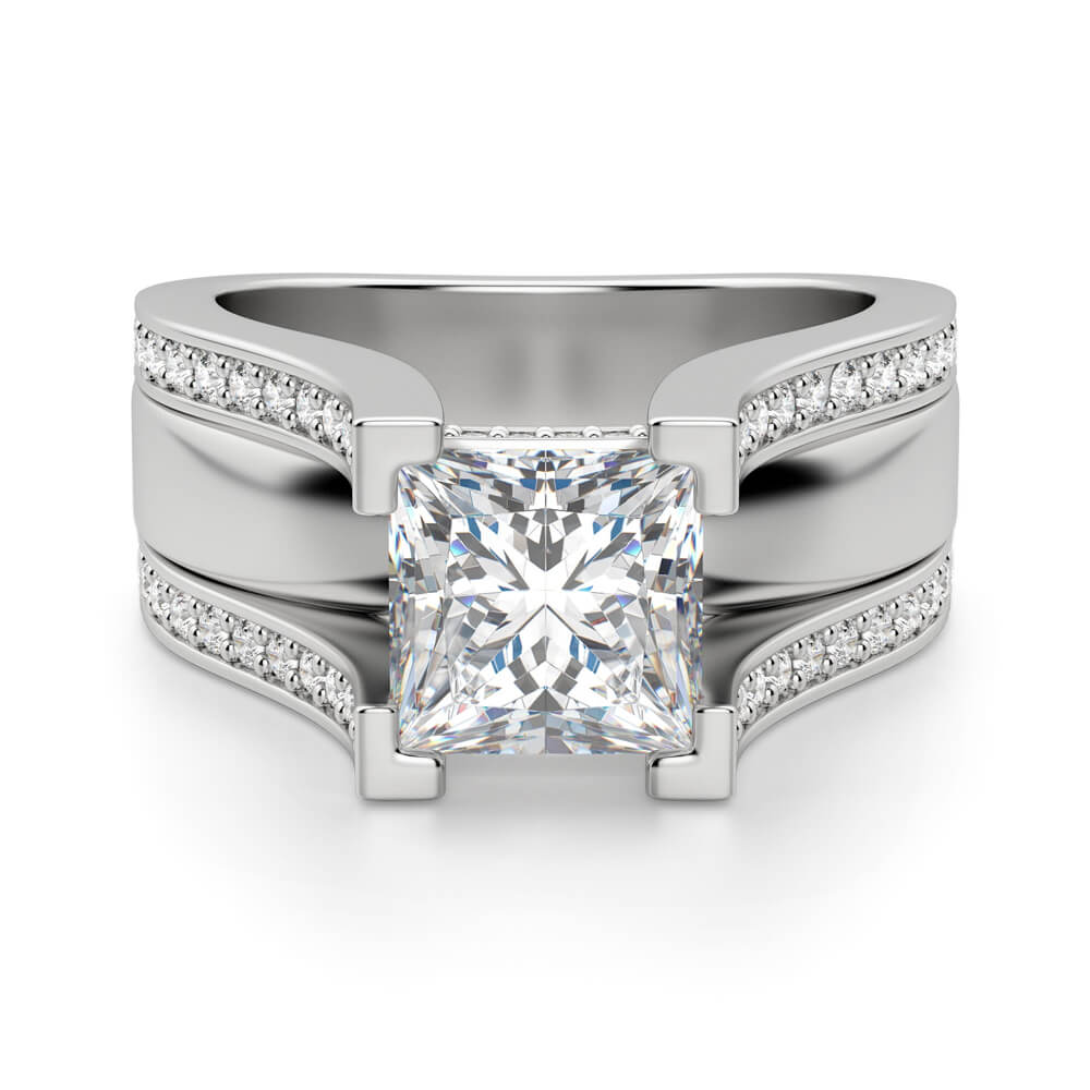 Princess Cut Moissanite Triple Row Pave Engagement Ring