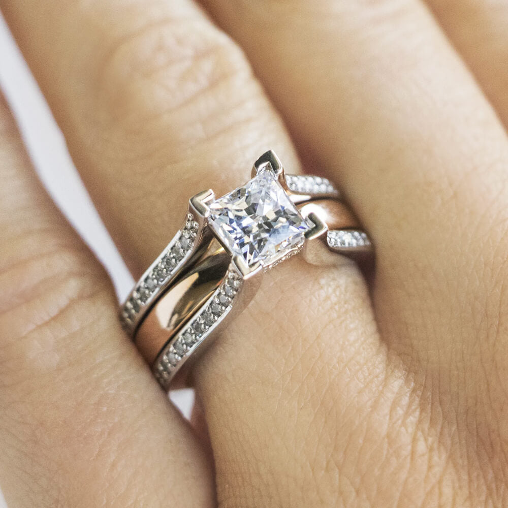 Princess Cut Moissanite Triple Row Pave Engagement Ring