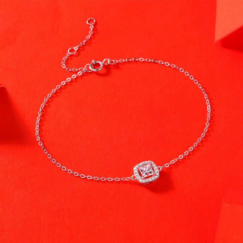 Princess Moissanite Halo Sterling Silver Bracelet