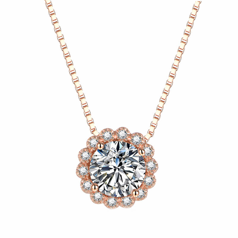 Rose Gold Halo Round Moissanite Sterling Silver Necklace