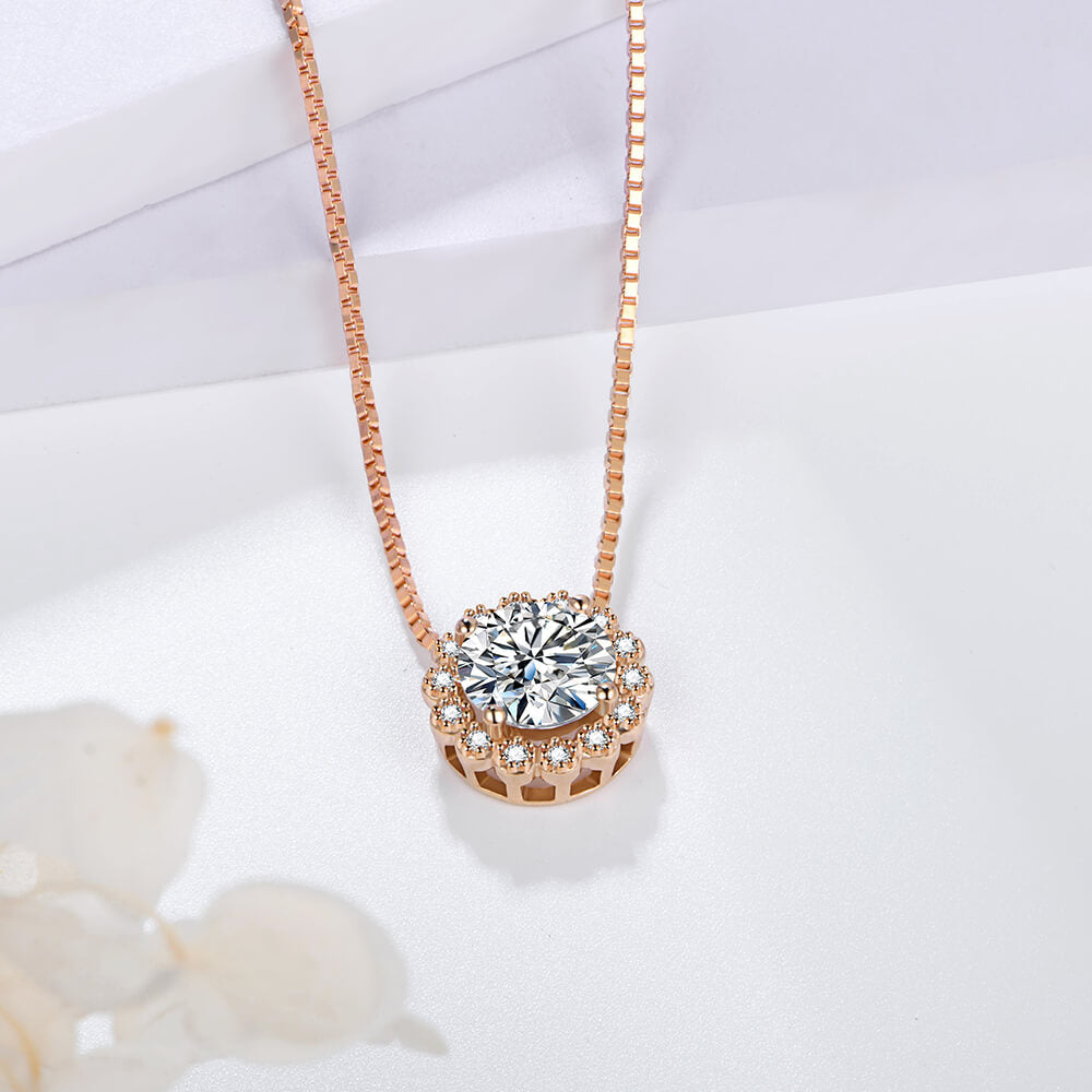 Rose Gold Halo Round Moissanite Sterling Silver Necklace