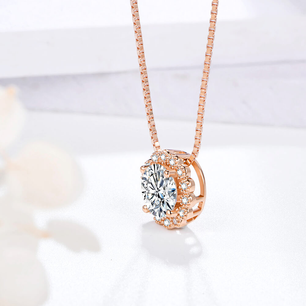 Rose Gold Halo Round Moissanite Sterling Silver Necklace