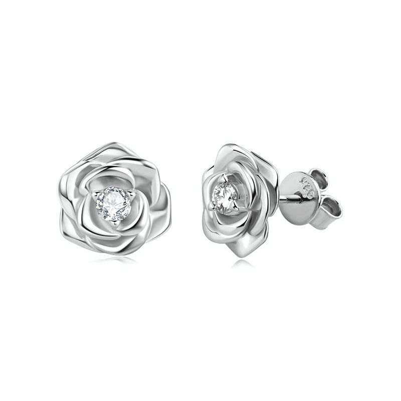 Rose Shaped Solitaire Moissanite Stud Earrings In Sterling Silver