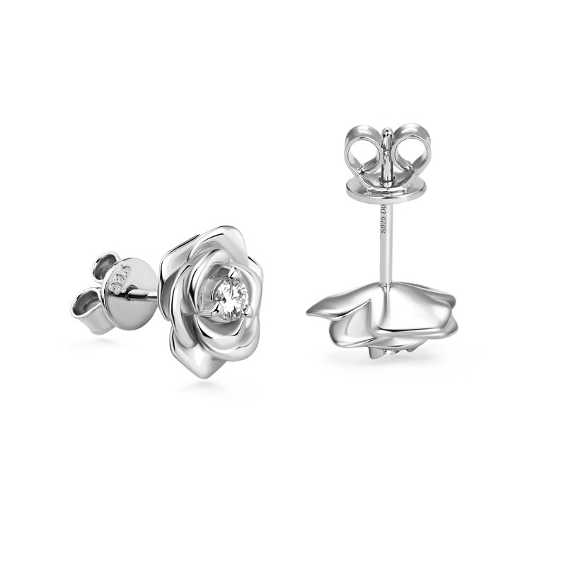 Rose Shaped Solitaire Moissanite Stud Earrings In Sterling Silver