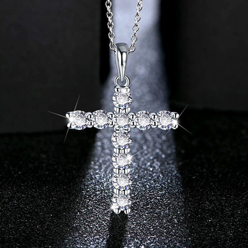 Round Moissanite Cross Pendant Necklace in Sterling Silver