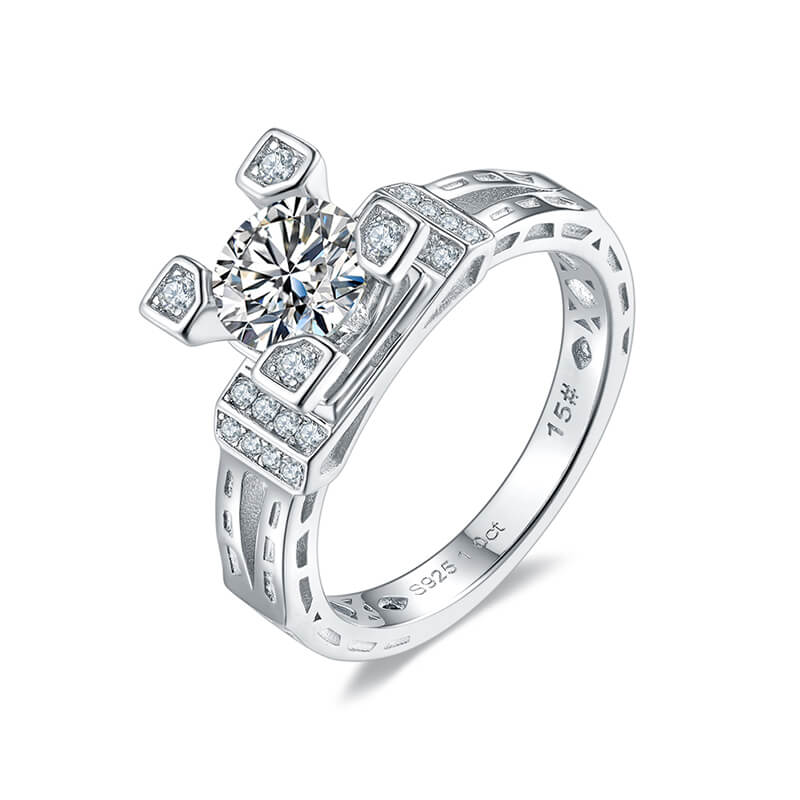 Round Moissanite Eiffel Tower Side Stone Sterling Silver Ring