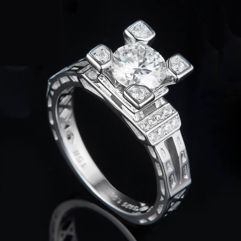 Round Moissanite Eiffel Tower Side Stone Sterling Silver Ring