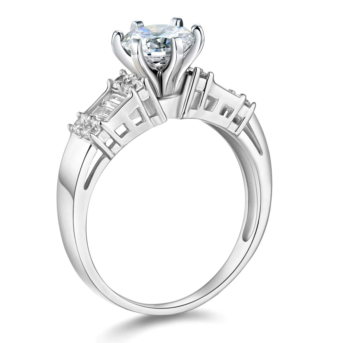 Round Moissanite Emerald-Cut Side Stone Engagement Ring