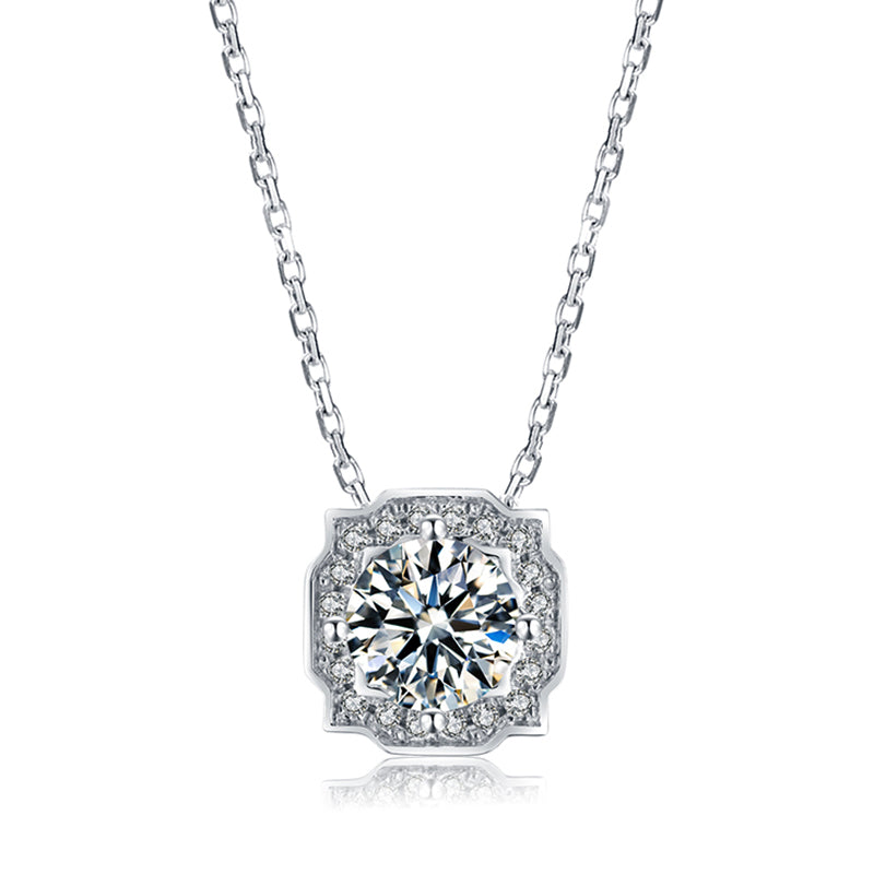 Round Moissanite Halo Bezel Sterling Silver Necklace