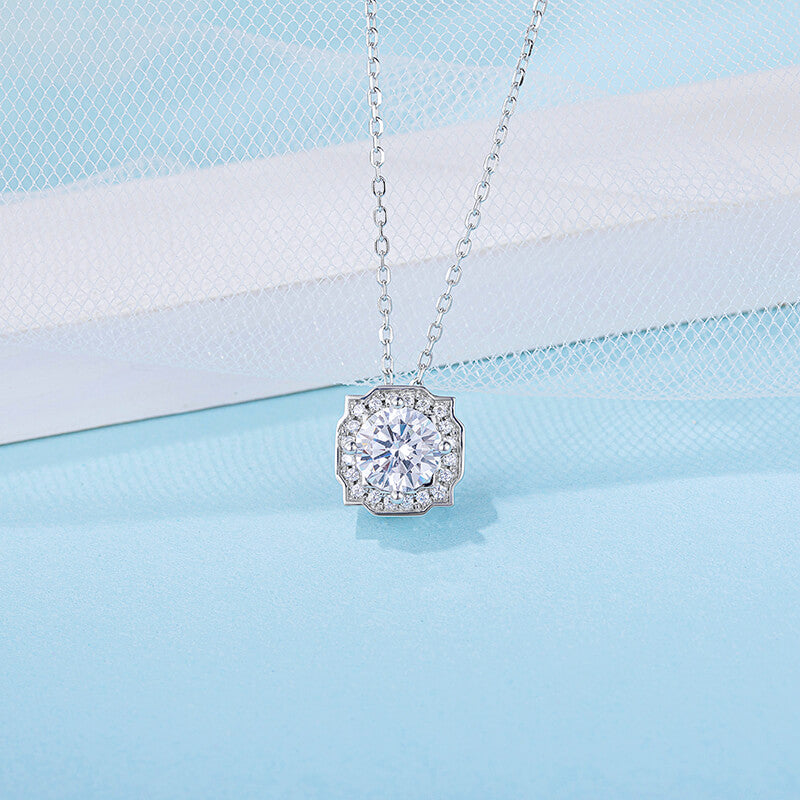 Round Moissanite Halo Bezel Sterling Silver Necklace